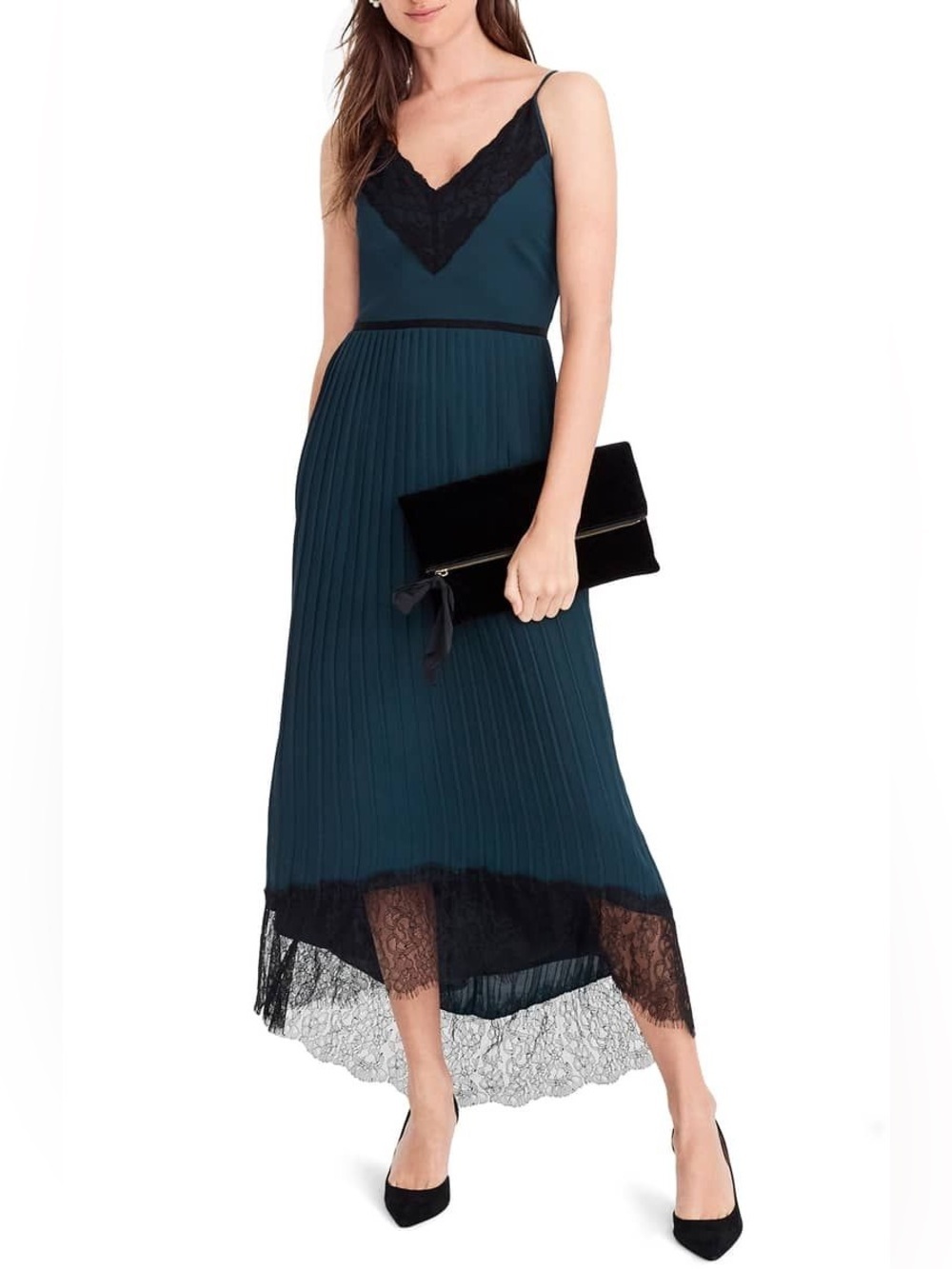 J.Crew Collection Spaghetti Strap Pleated Midi Dress in Green with lace